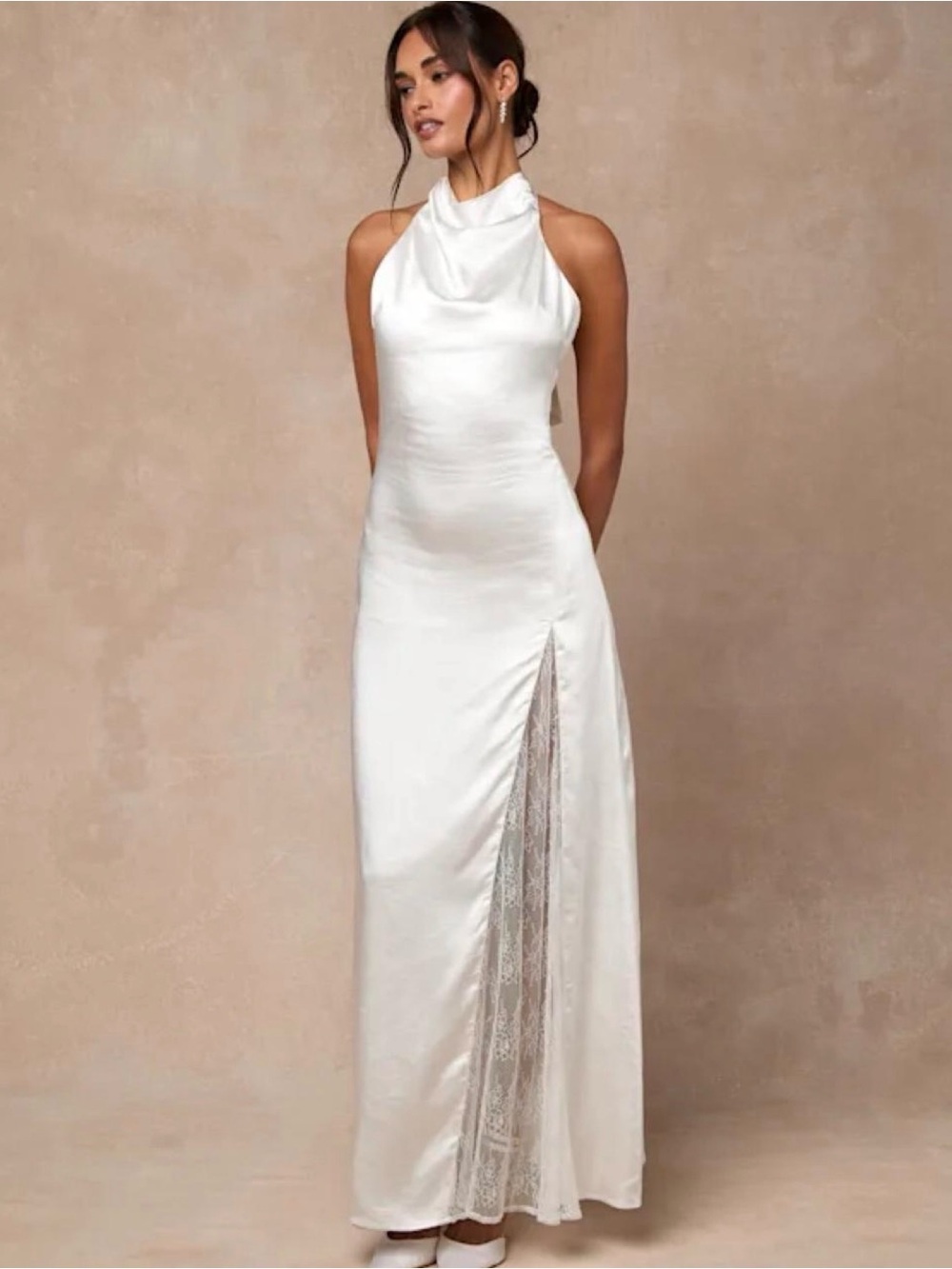 Lulu's White Halter Maxi Dress with Lace Side Slit